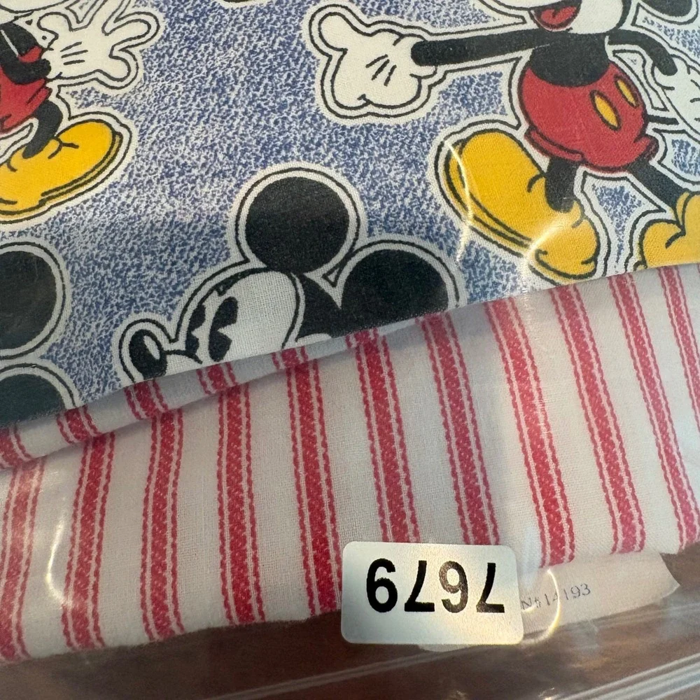 Vtg Disney Mickey Bedding Flat‎ Sheet Full Red White Ticking Stripe Cottage USA